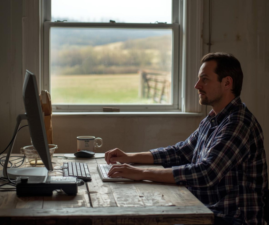 Man wearing a checkered shirt sitting at a wooden table and using a desktop computer near a window with a view of a rural landscape. A coffee mug and computer mouse are also on the table.