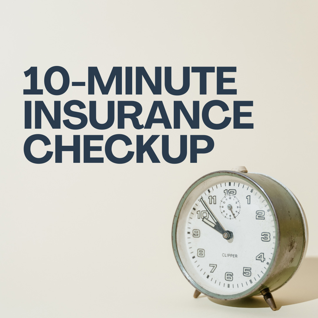 Bold blue text reads "10-MINUTE INSURANCE CHECKUP" above a vintage analog alarm clock against a plain off-white background - www.northernplainsinsurancemt.com